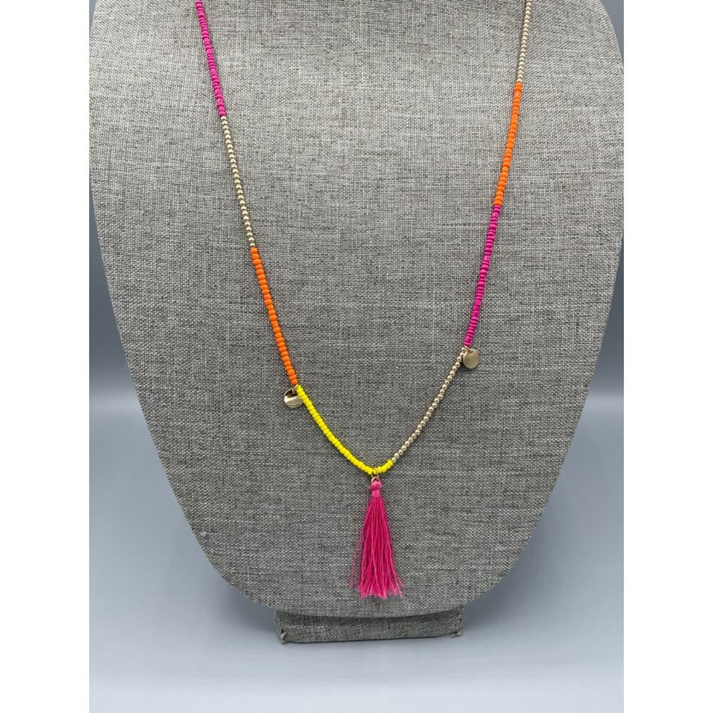 Beachy Coastal Colorful Tassel Gold Tone Charm Glass Bead Long Necklace 40 in